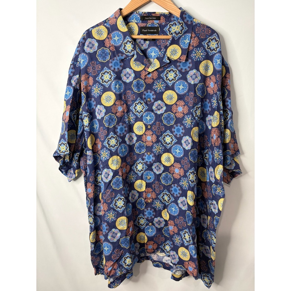 Paul Fredrick Mens Short Sleeve Button Down Shirt 4XL Linen Mosaic Medallion